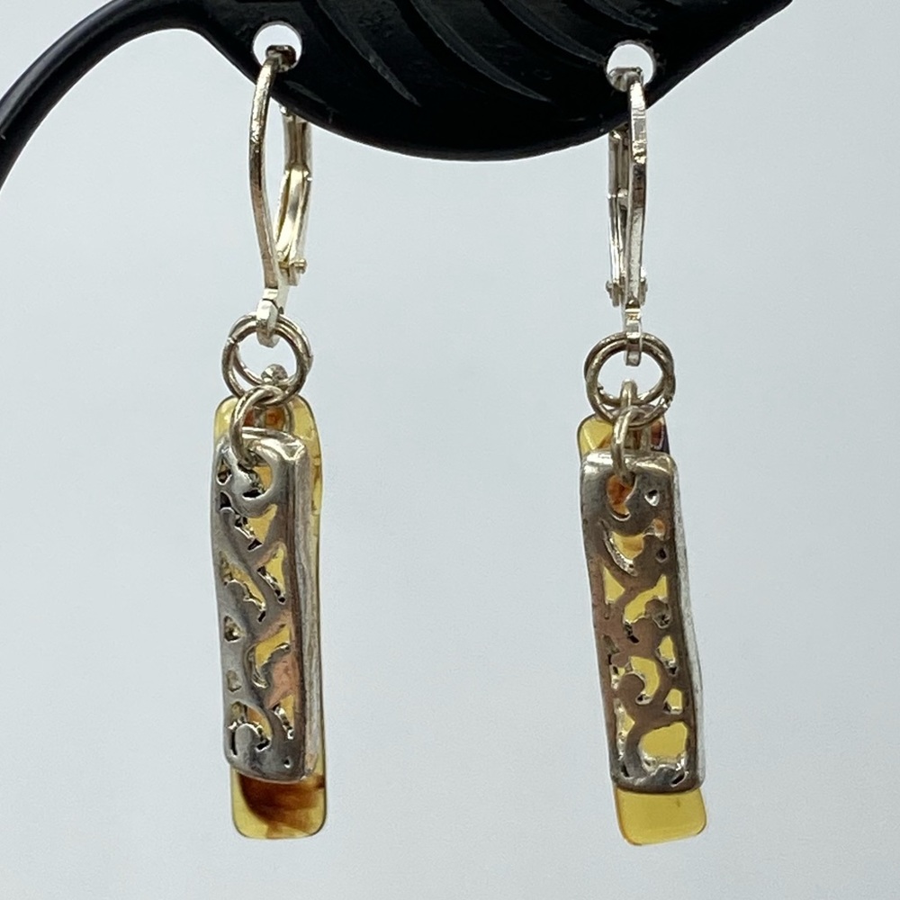 Vintage Silver Tone Pierced Drop Earrings Faux Tortoise Shell Bar Lever Back